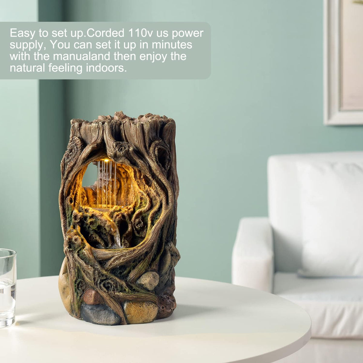 Tabletop Fountains Beautiful Stump Water Fountain Relaxation Raindrop Fountains Meditation Desk Fountain Artistic Waterfall Fountains Home (Brown Stump / 5.9"L x 5.9"W x 10"H)