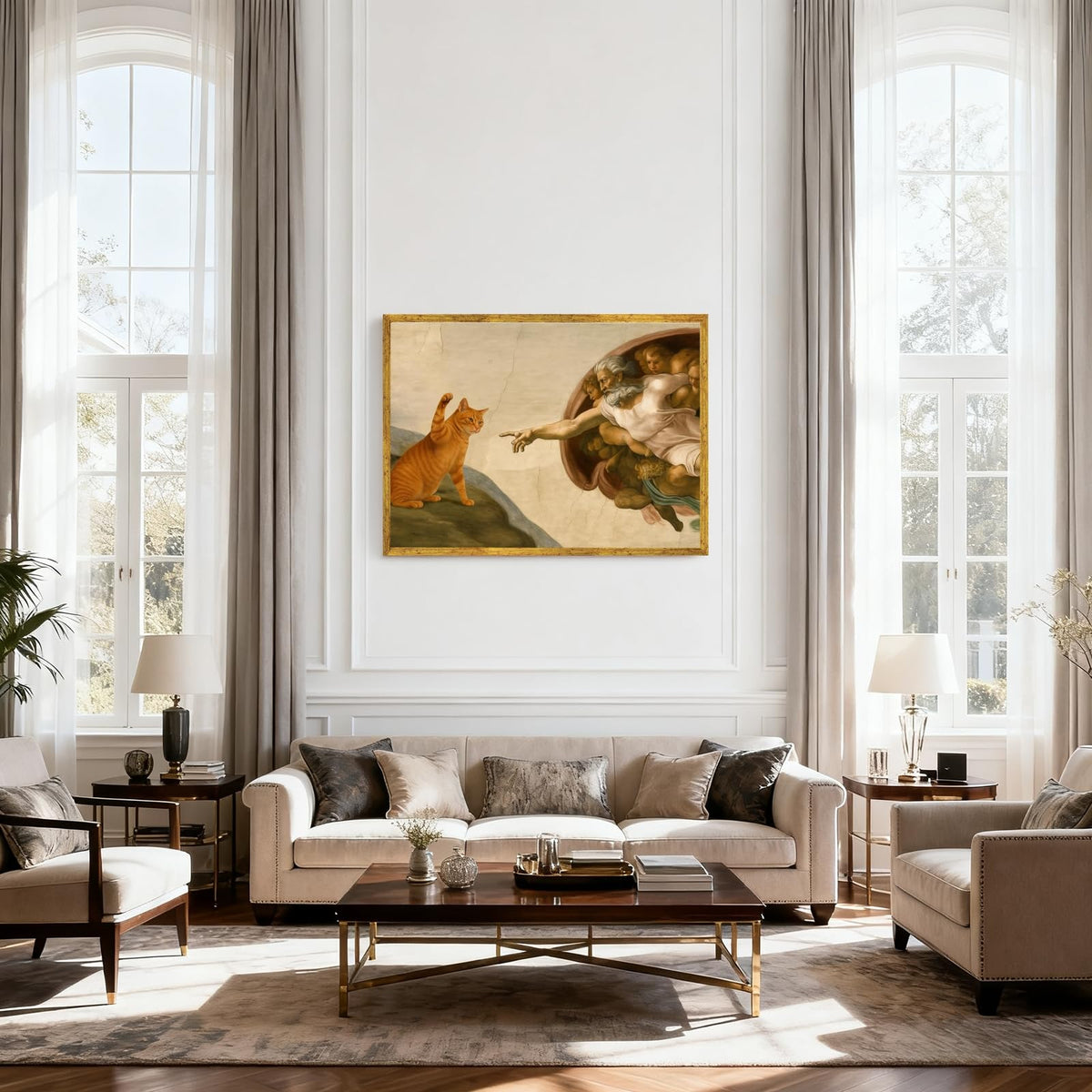 Gold Framed Funny Cat Creation of Adam Canvas Wall Art Classic Renaissance Parody Poster Painting Prints Humorous God and Animal Paw Picture Artwork for Home Bedroom Decor Pet Lover 24x36inch (24"L x 36"W / Cat - Gold Frame)