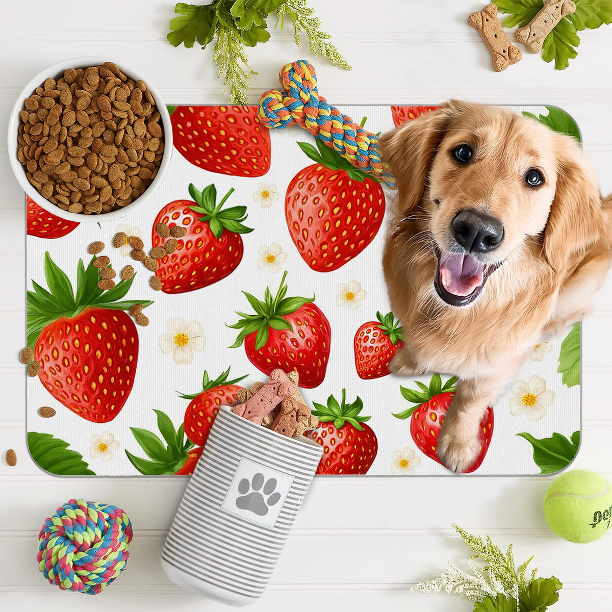 Cute Strawberry Flower Dog Cat Food Mat (16"L x 16"W / Cute Strawberry Flower)