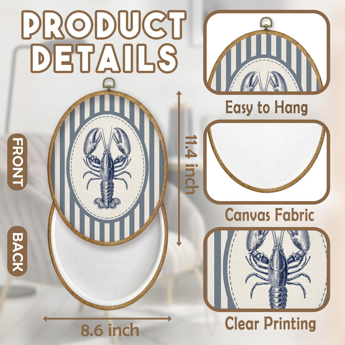 Blue Coastal Beach Lobster Oval Wall Art Decor (Color053)
