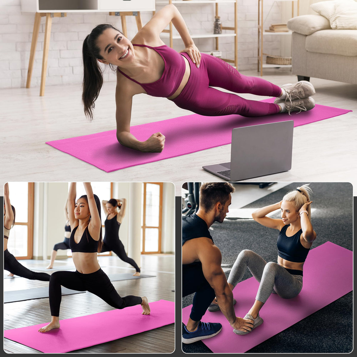 All Purpose 0.25 Inch Thick High Density No Tear Exercise Yoga Mat with Strap & Lightweight Features for Indoor & Outdoor Use (Pink)