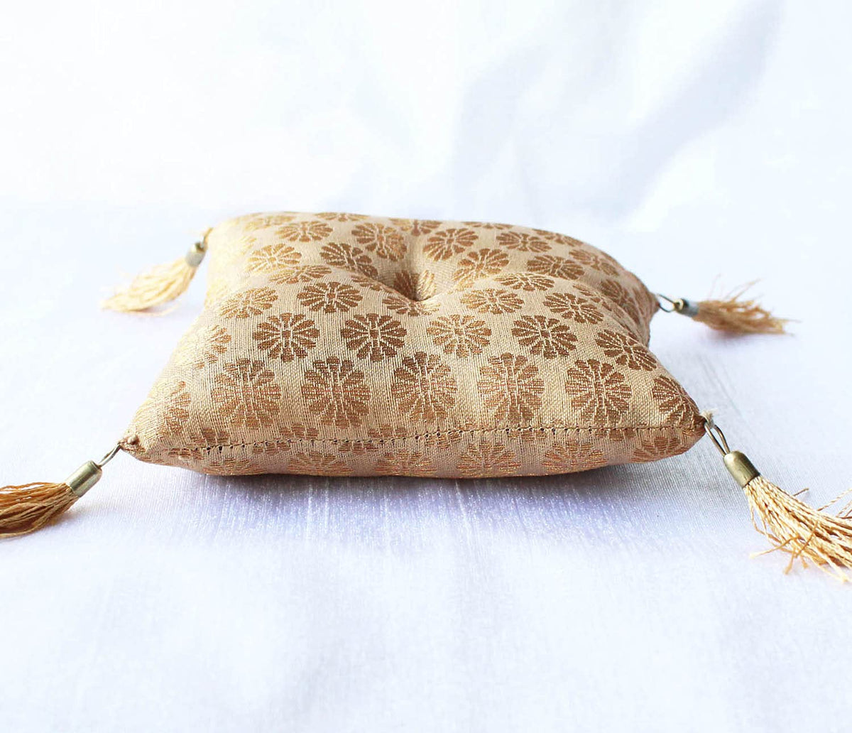 Cushion for Tibetan Singing Bowl Handmade Square Cushions Brocade Art Silk Home Decor Jewelry Display Pillow (5" x 5" Inch / Beige)