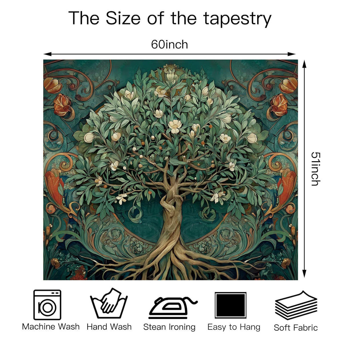 Tree of Life Vintage Tapestry for Bedroom Aesthetic (Green Tree of Life Tapestry / 60"L x 51"W)