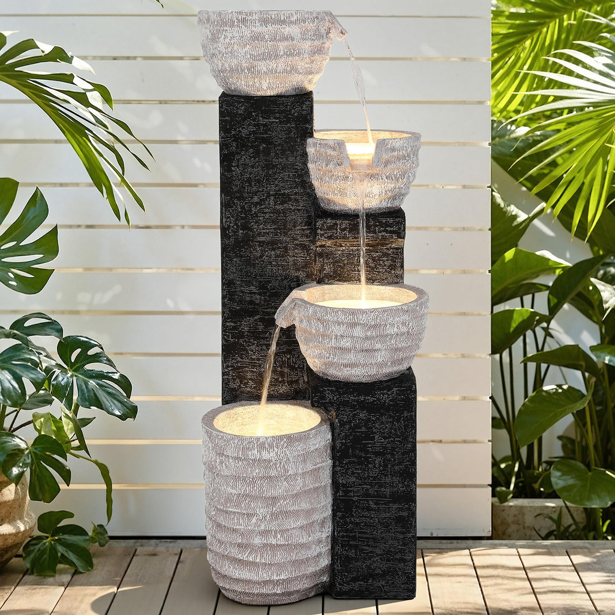 40" H Outdoor Water Fountain Upgraded Pump & Light Separate Control (Off-white Gray 39"h)