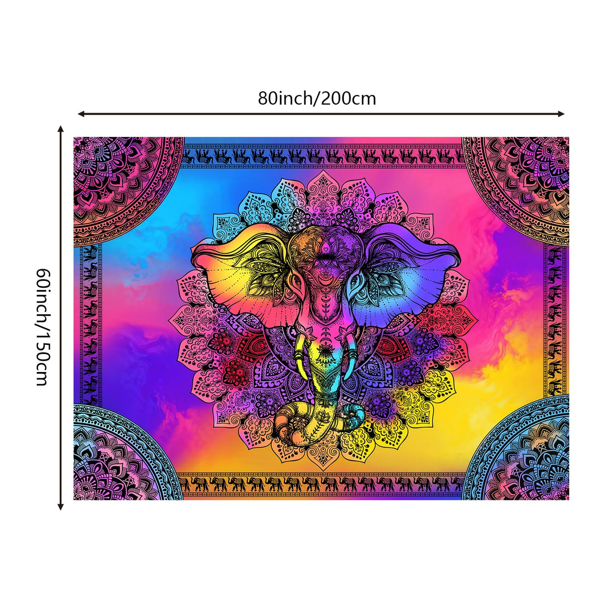 Mandala Elephant Boho Wall Tapestry (Colorful / 80"L x 60"W)