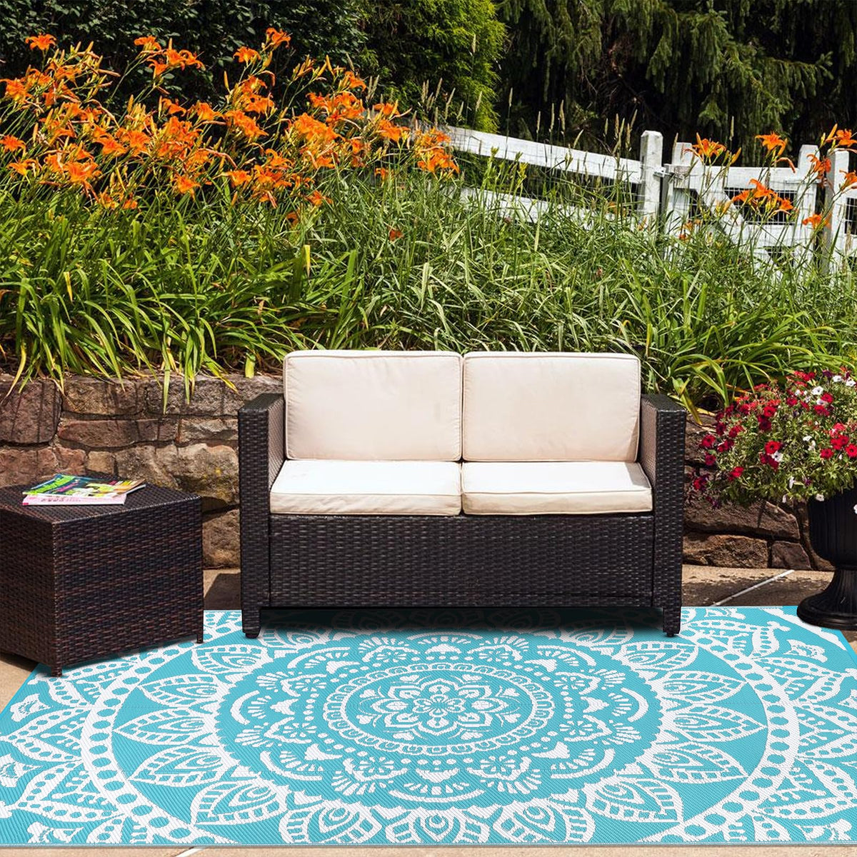 Waterproof Outdoor Rug 6'x9' Reversible Boho Plastic Straw Patio Deck Camping Rugs (Flower Teal / 6' x 9')