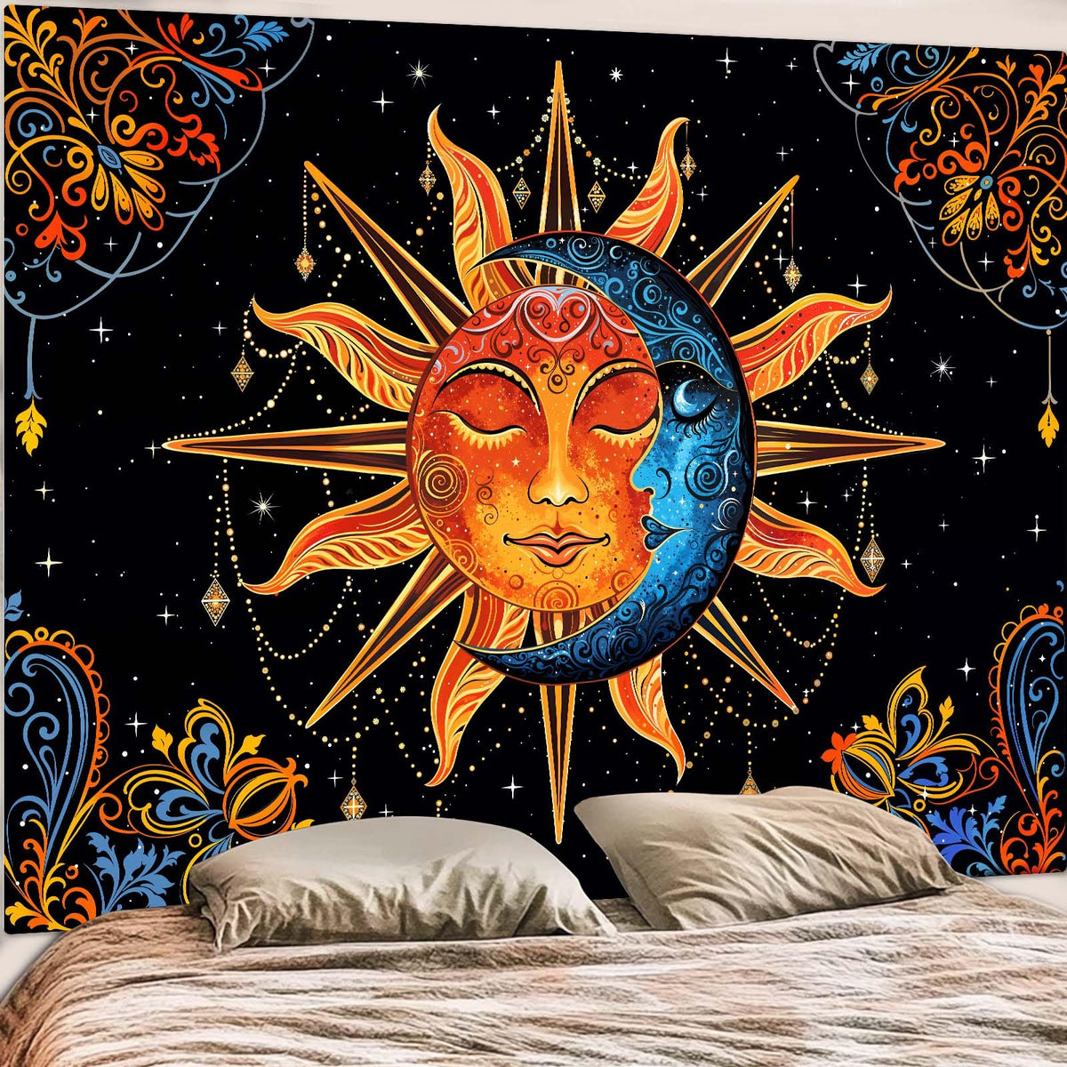 Sun and Moon Tapestry Mandala Wall Tapestry (Red Blue Black / 60"L x 44"W)
