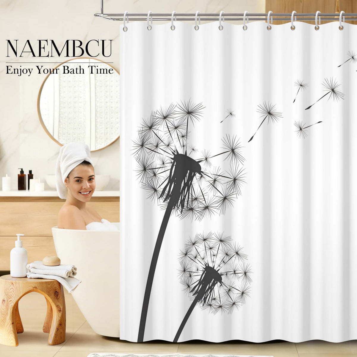 Modern Dandelion Shower Curtain 74 Inches Long (White Dandelion)