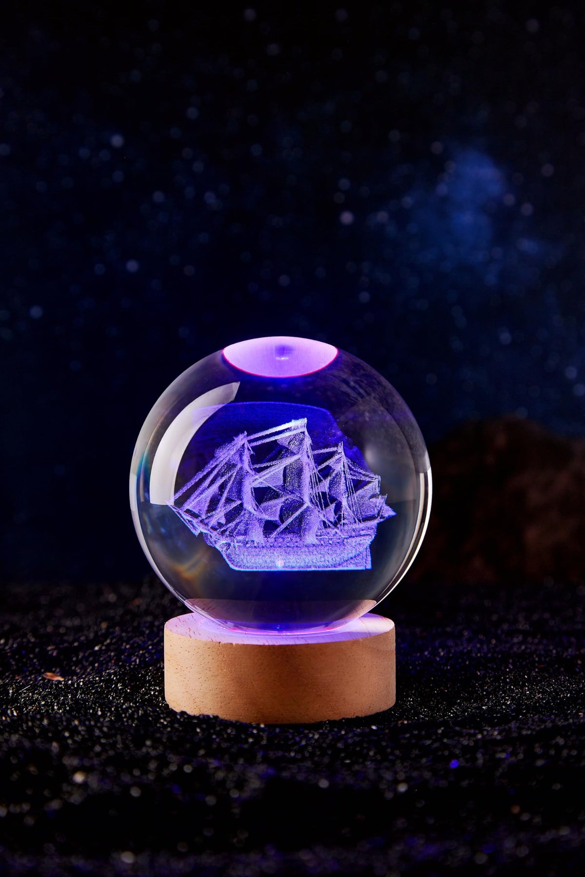 Large Sailboat Crystal Ball Night Light with Woodern Base (sailboat)