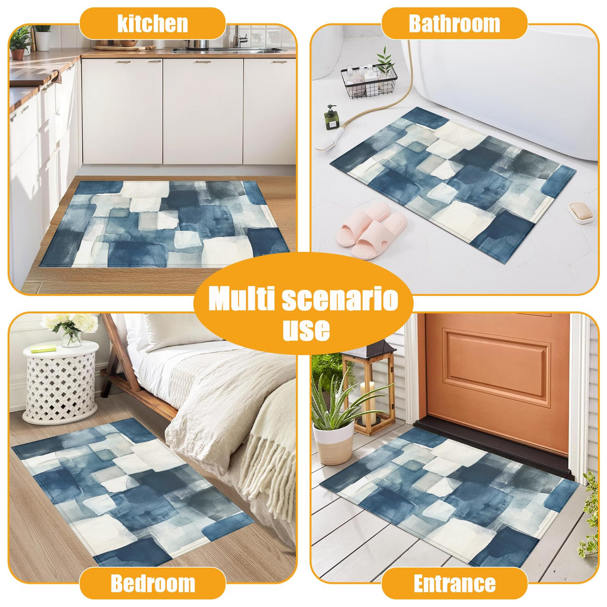 Blue Geometric Watercolor Bath Mat for Bathroom (Blue Geometric Watercolor)
