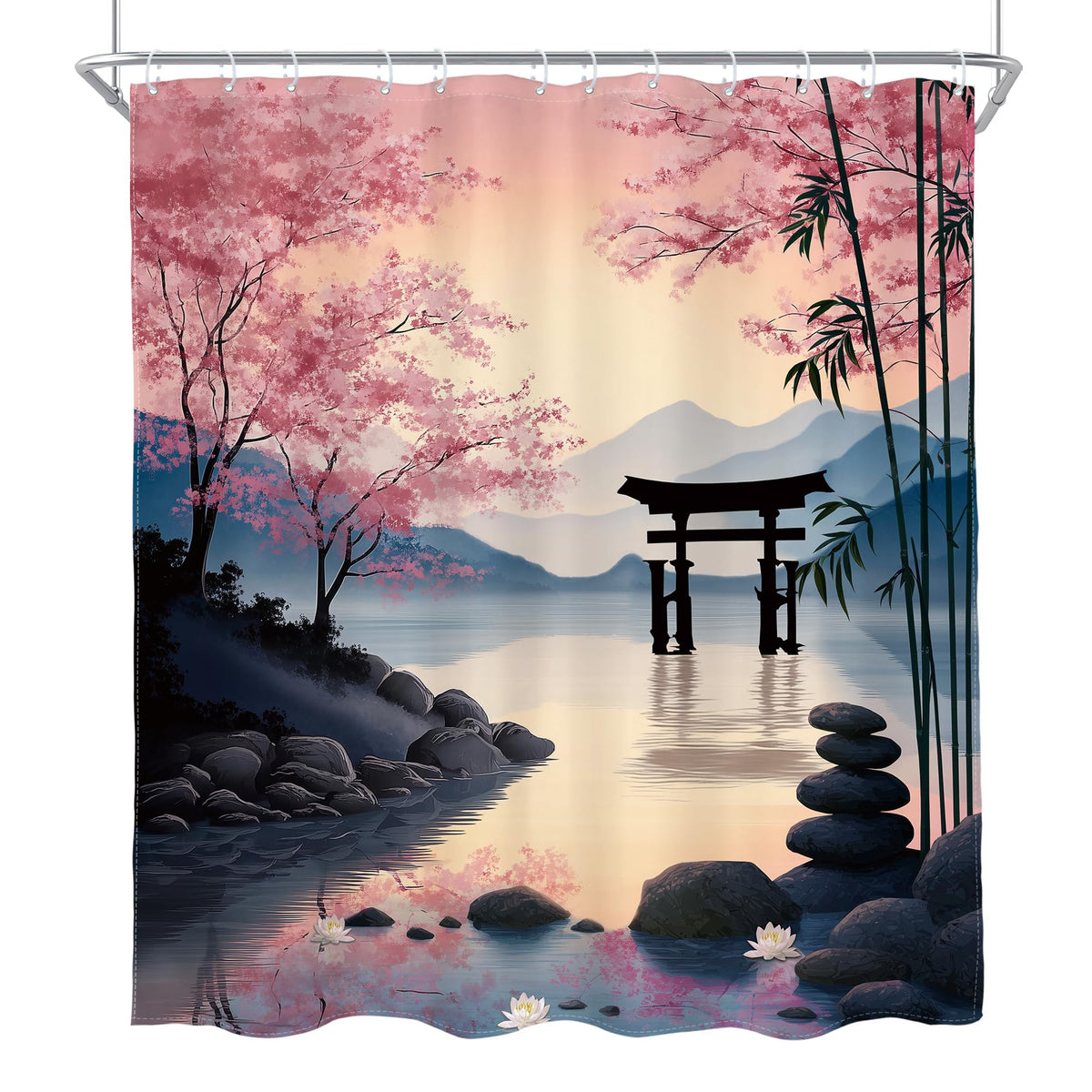 Japanese Zen Stone Asian Shower Curtain Anime Pink Cherry 60Wx72L Inch (F-pink / 60"W x 72"L (Pack of 1))