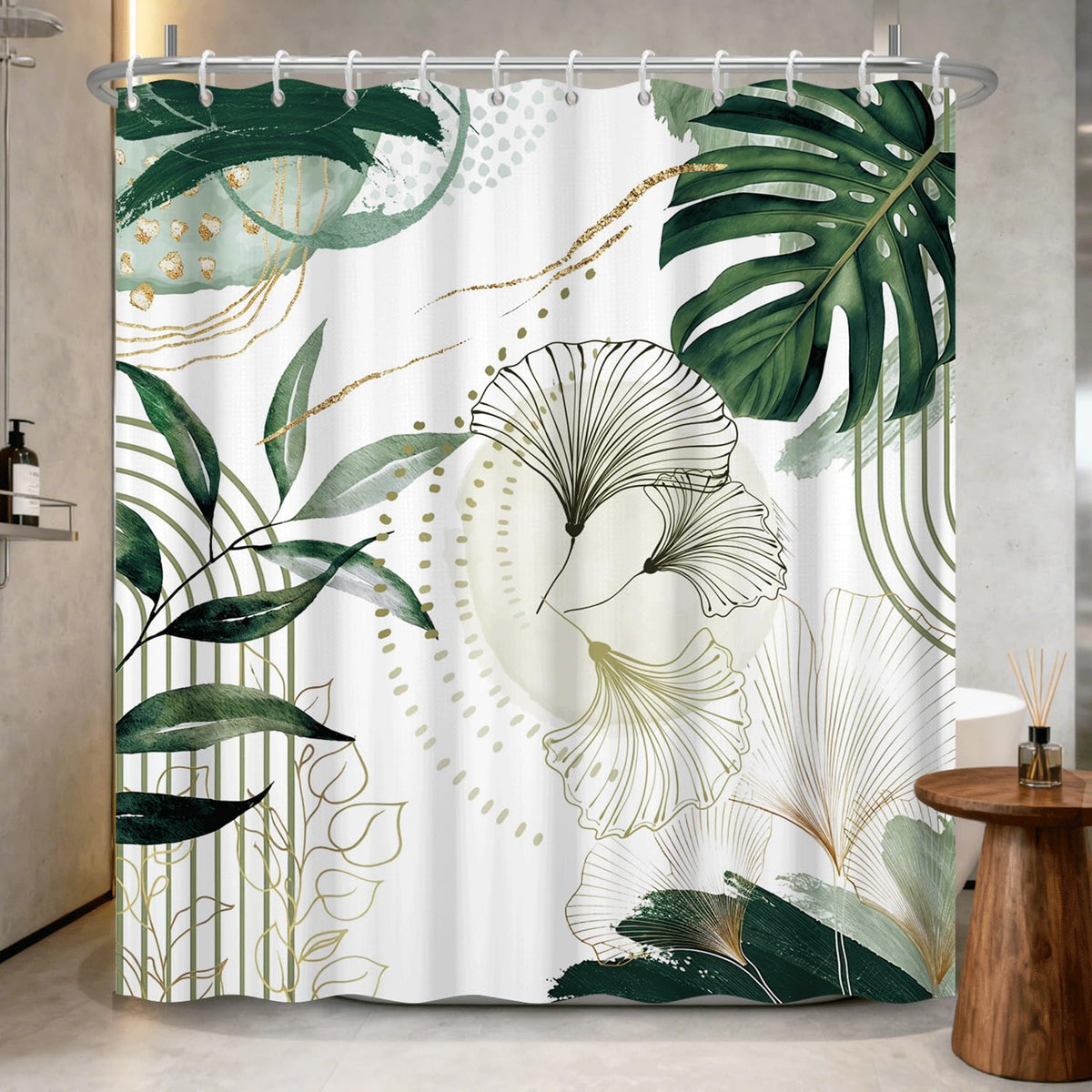 Abstract Botanical Shower Curtain with Hooks (Green Palm Leaf)