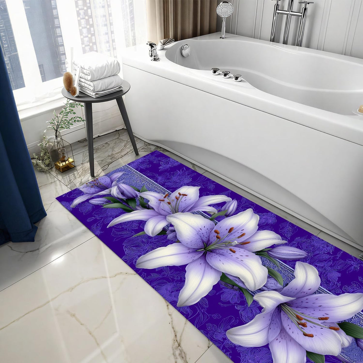 Purple Floral Laundry Room Rug 20x47 Inch (#66)