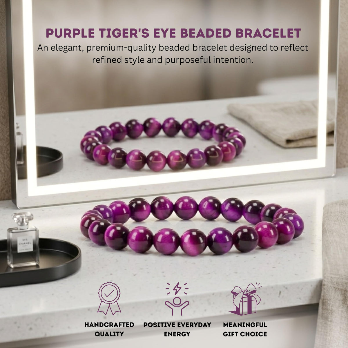 Purple Tiger's Eye Bracelet 8mm Beaded Bracelet (Purple Tiger's Eye / Small)