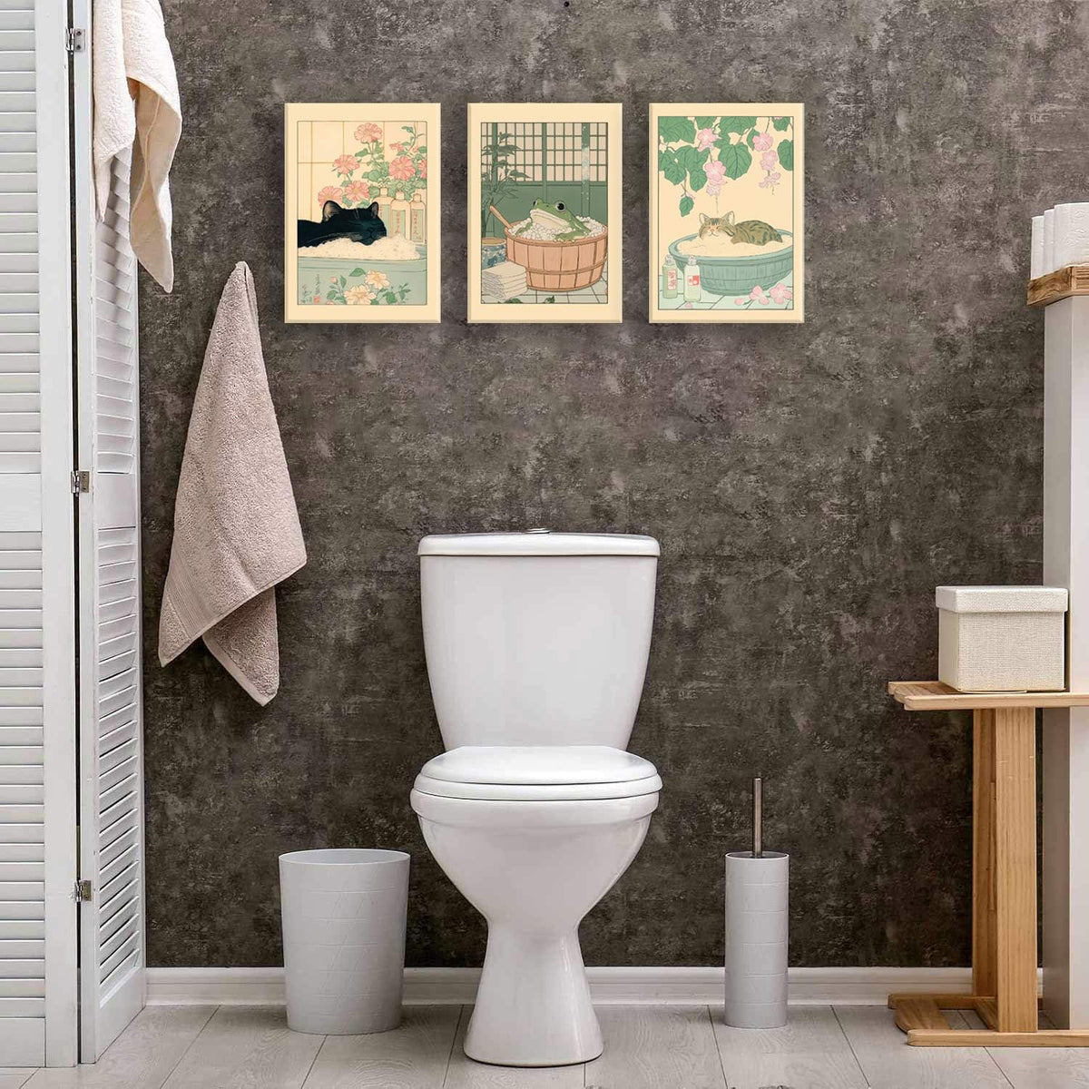 3 Pieces Japanese Cat Bathroom Posters Wall Art (Cat Bathroom Poster A / 8"X10")
