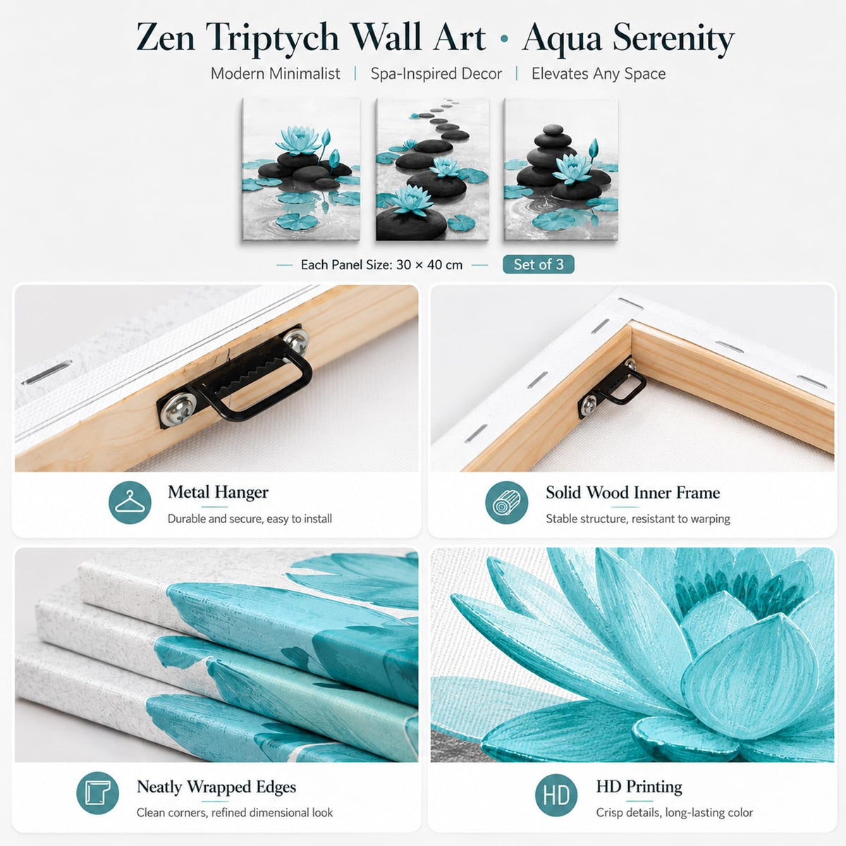 Zen Spa Wall Art Lotus Flower Spa Canvas Prints Black Pebble Meditation Artwork for Modern Relaxing Home Decor Relaxing Bathroom Wall Decor Ready to Hang 12''x16'' Each Panel (teal)