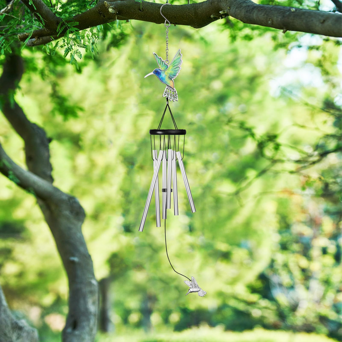 Outdoors Hummingbird Wind Chimes Sympathy Memorial for Loss of Loved One (24.1" Silvery Hummingbird)