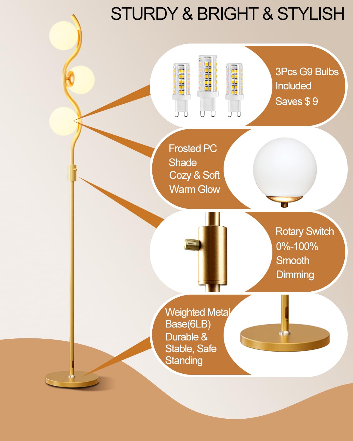 60IN Gold Floor Lamp Stepless Dimmable Globe Floor Lamps with 3Pcs 3000K Bulbs Eye (Gold-3S)