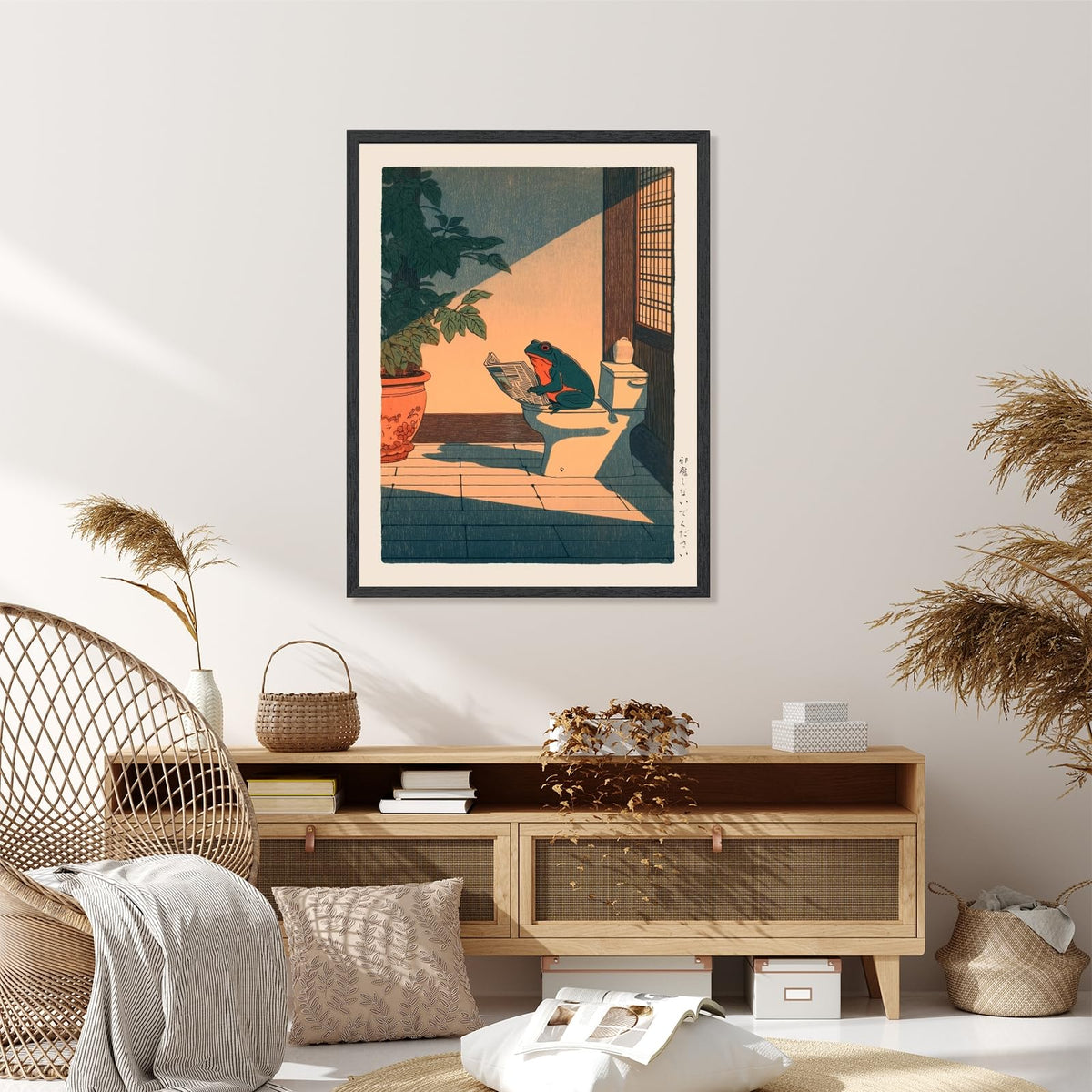 Funny Japanese Frog Bathroom Wall Art Vintage Farmhouse Poster Canvas Print Whimsical Asian Watercolor Animal Painting Minimalist Zen Wall Decor for Washroom Spa Bedroom 8x12inch Black Frame (8"L x 12"W / style-2 Black Frame)