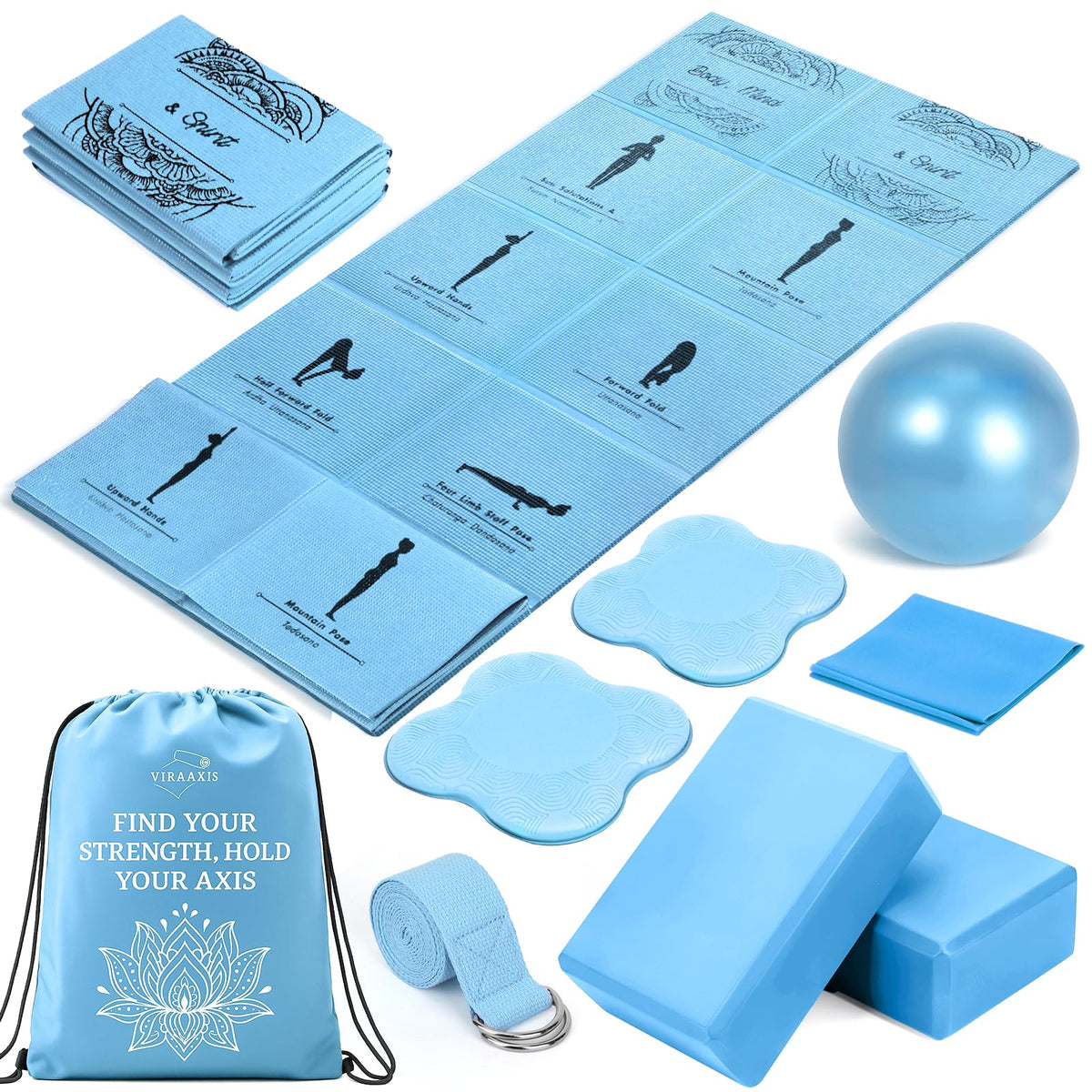 Foldable Non Slip Yoga Mat and Blocks Set for Women (Blue)