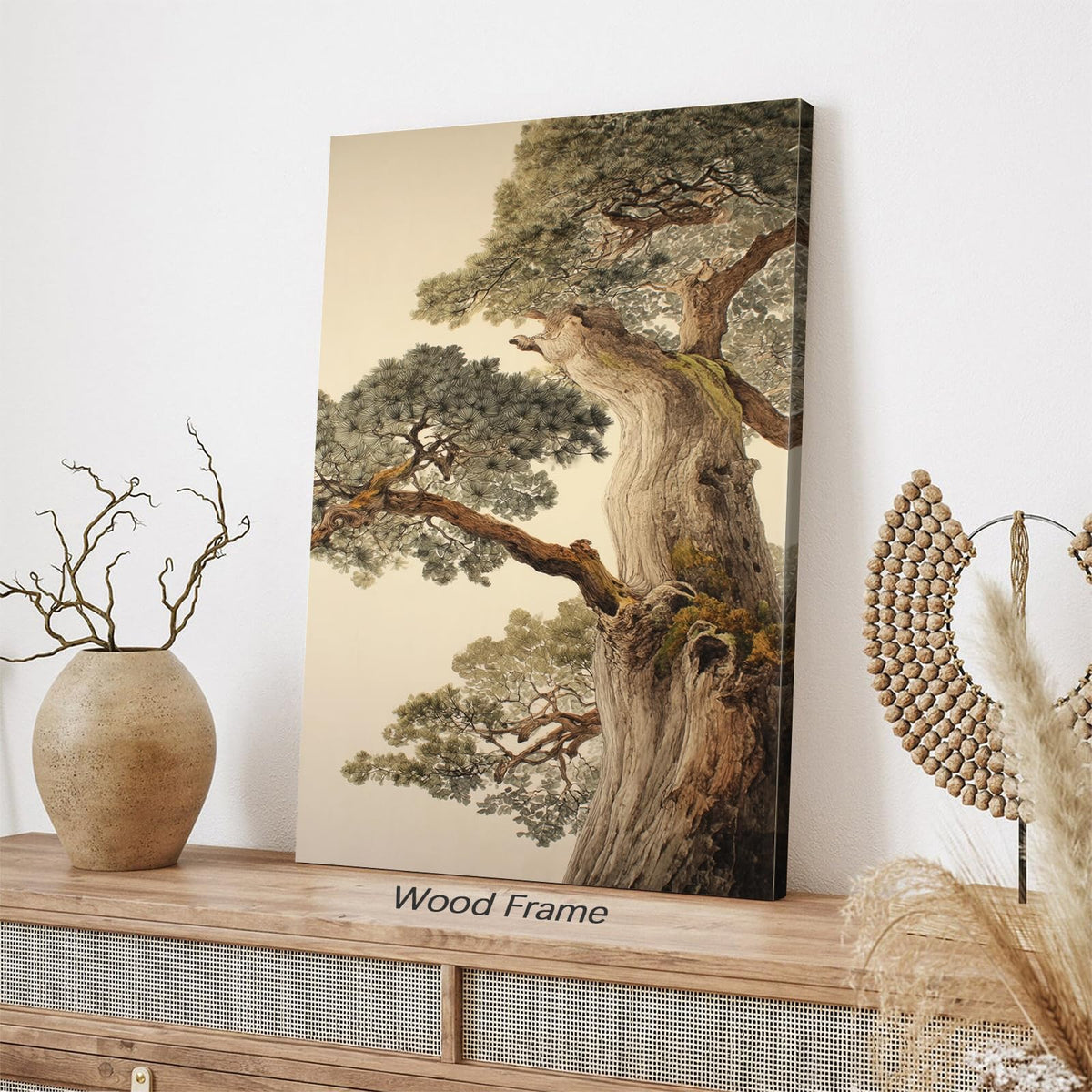 Vintage Japanese Pine Tree Framed Wall Art Oriental Asian Tree Canvas Posters 8x10 inch Japan Scenery Room Aesthetic Prints Calm Earthy Forest Botanical Painting for Home Bedroom Living Room Office (Wrapped Canvas / Japanese Poster / 10"L x 8"W)
