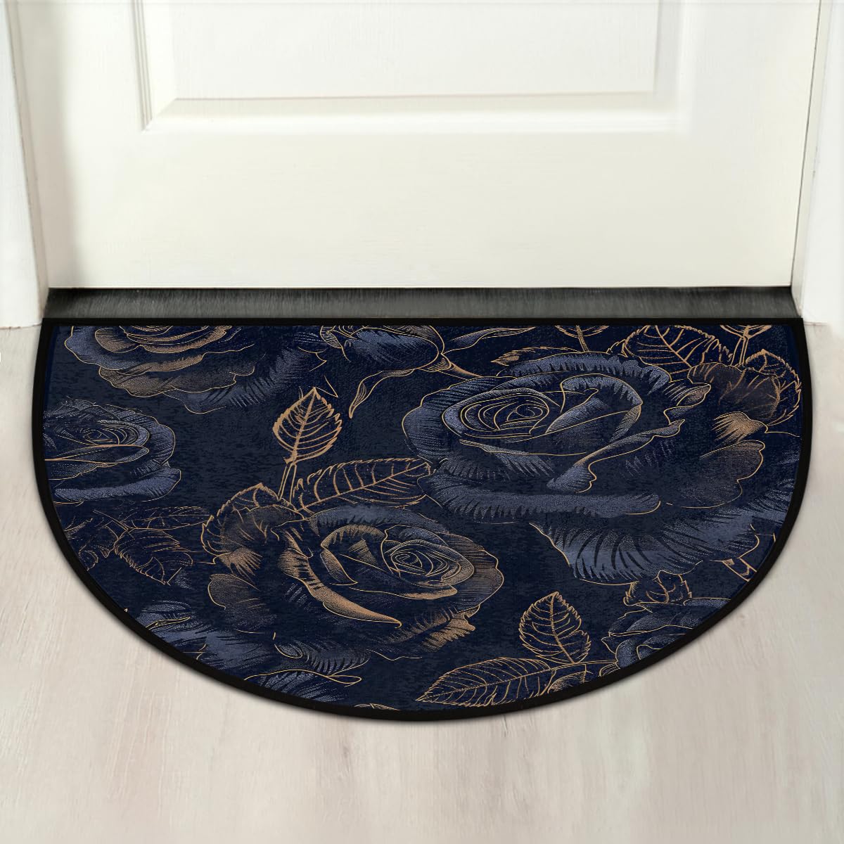 Half Round Doormat Rose Flower Flora Blue Washable Semi Circle Rug Non Slip Absorbent Half Moon Rug Kitchen Mat for Indoor Outdoor Bathroom Patio Front Welcome Fireplace Hearth Floor Mat (D04:blue Rose)