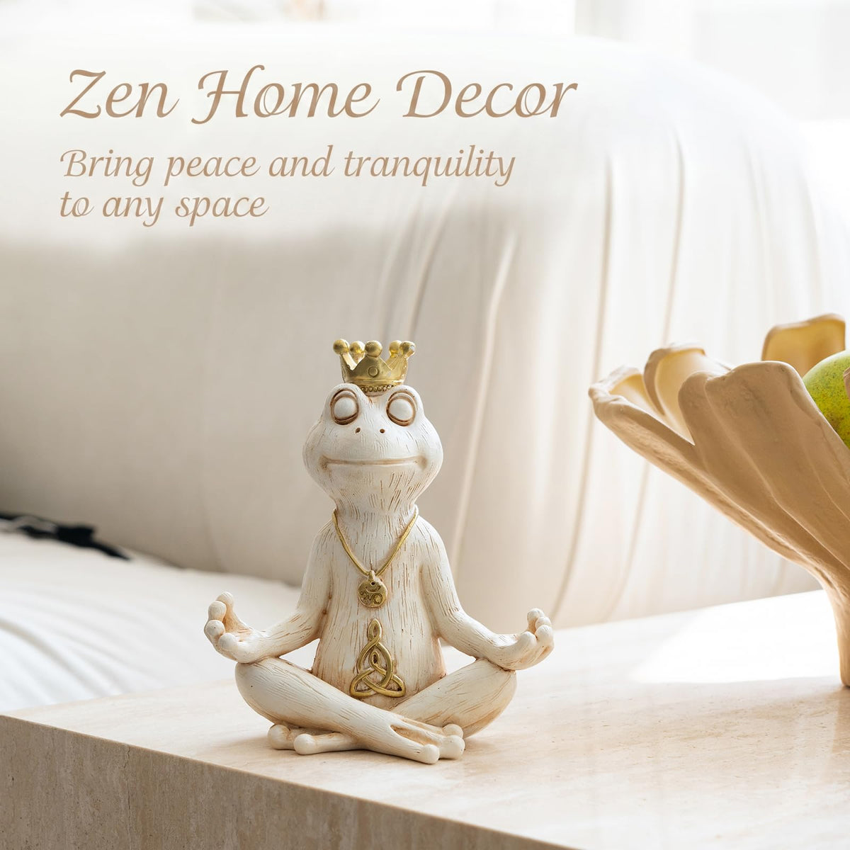 Meditating Zen Frog Statue Decor with Bonus Om Necklace (White)