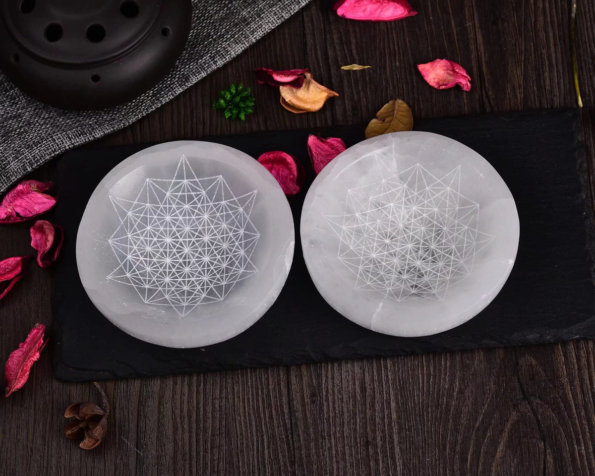 Natural Selenite Bowl (Round Sacred Geometry 3.5-4 inches)