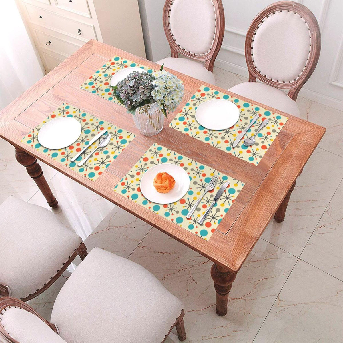 Mid Century Fifties Modern Atomic Retro Table Mats Set of 6 Linen Heat Resistant Washable Placemats for Party Farmhouse Home Kitchen Yellow Decorative 12x18 Inch (Mid Century Modern Atomic / 6pcs - 12x18inch)