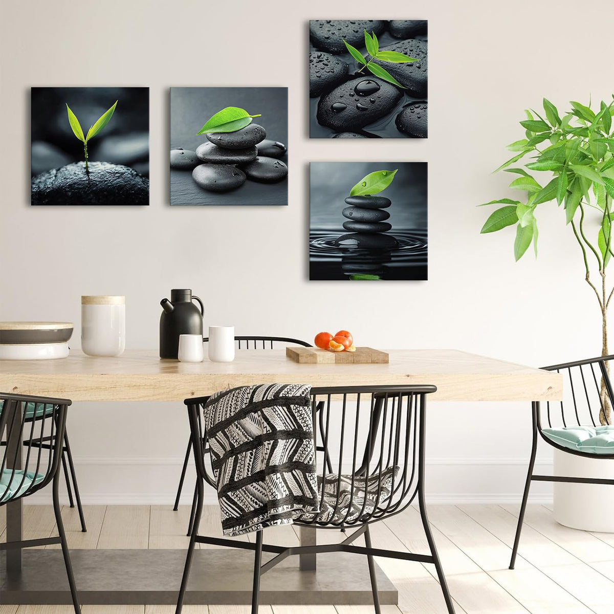 Zen Wall Art Black Pebble Stone in Water Pictures Bathroom Wall Decor Green Plant Bamboo Leaves Canvas Prints Living Room Calming Still Life Modern Artwork Bedroom Meditation Home Decoration 12x12" 4P (12"L x 12"W / Zen)