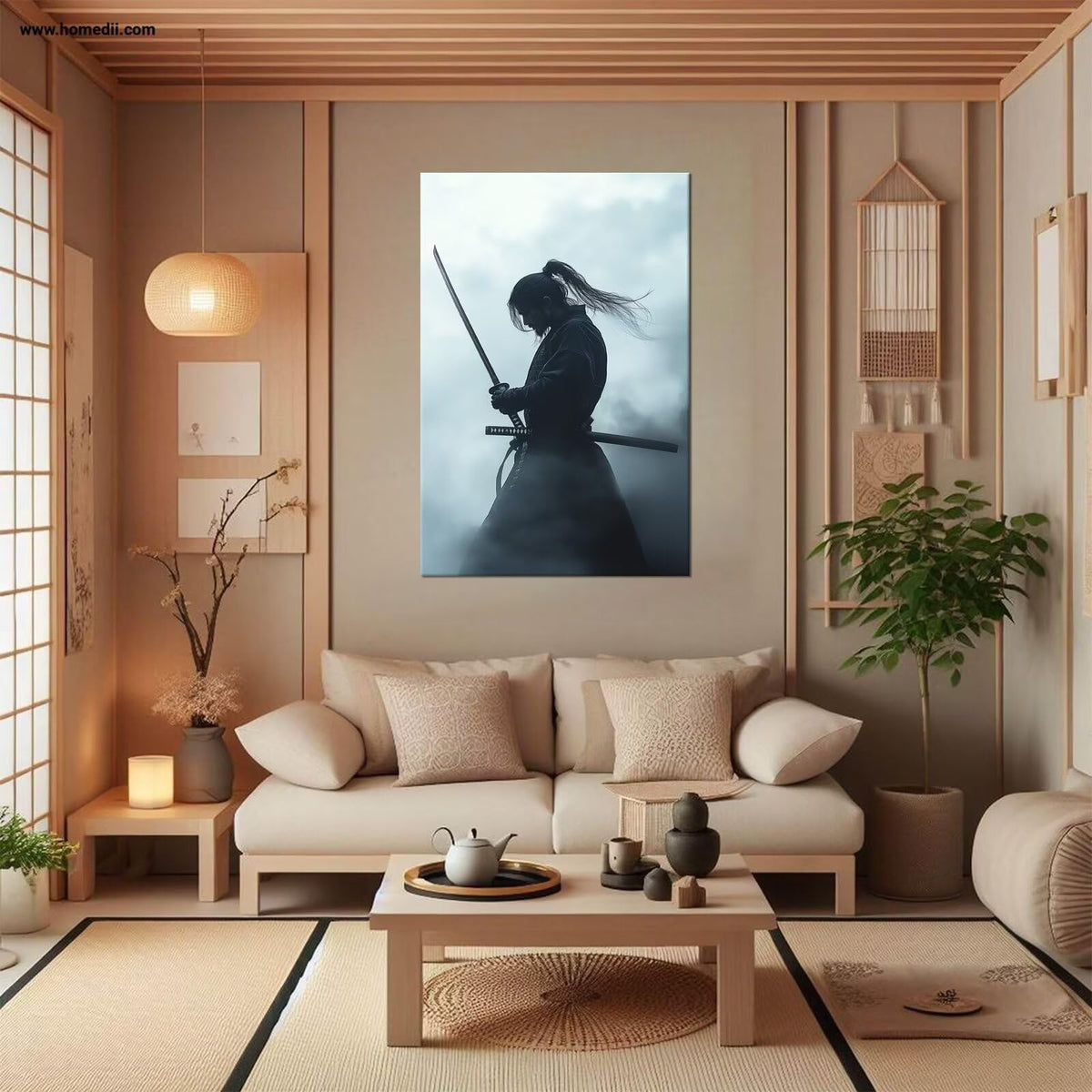Blue Haze Silhouette Samurai Canvas Framed Wall Art (12"L x 16"W / Samurai17)