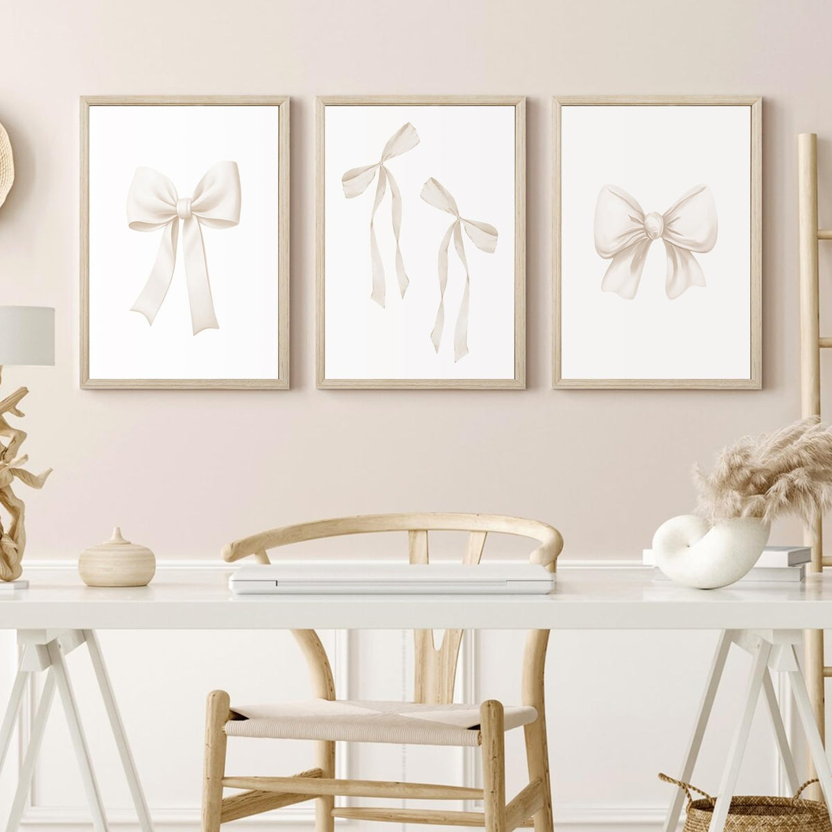 Bow Wall Art Coquette Room Canvas Decor Beige Bow Poster Preppy Wall Deocr Aesthetic Pictures Coquette Girly Posters Nursery Art Prints for Girls Bedroom 16x24 Inch Wood Framed Set of 3 (Beige Bow Prints / 16x24 Inch Framed)