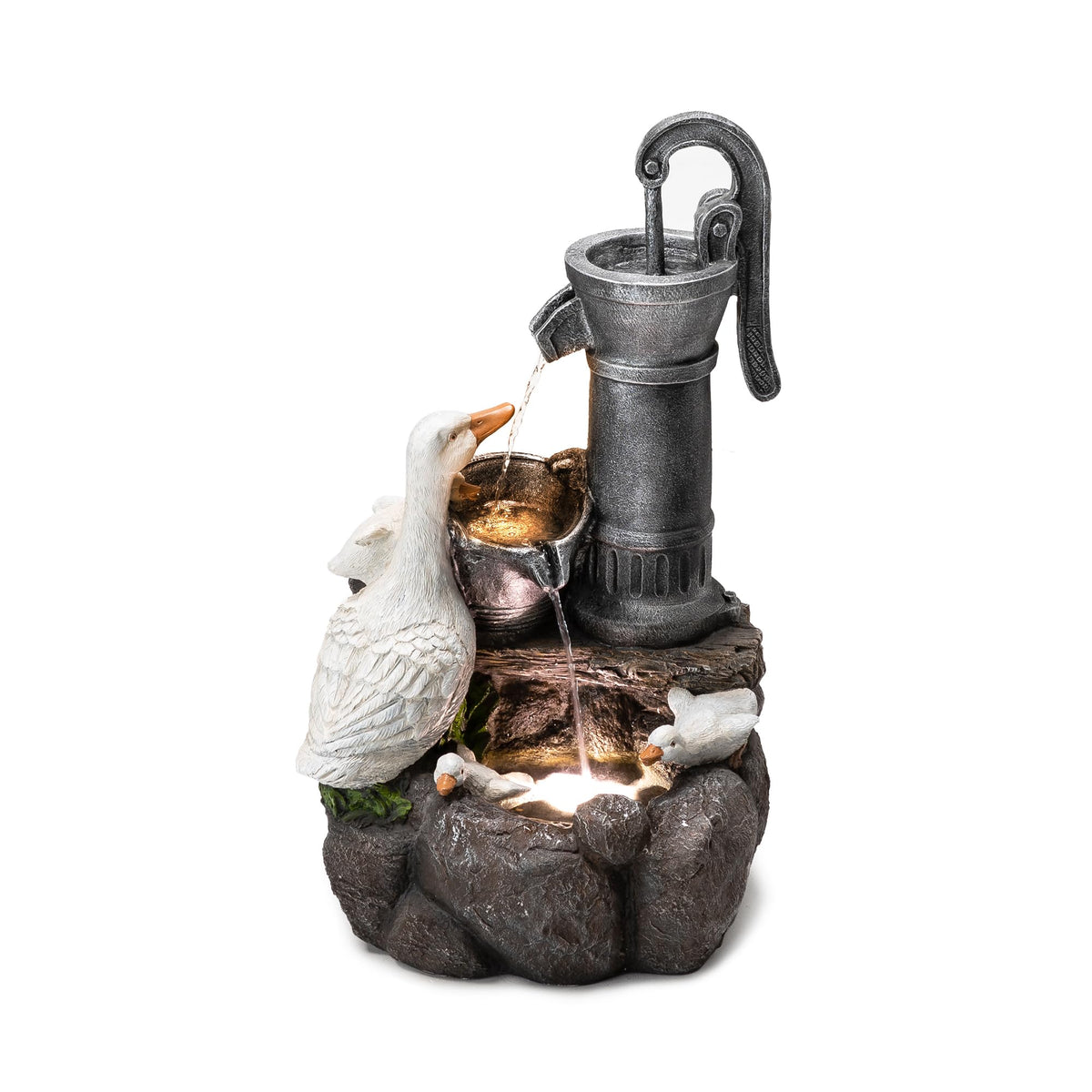 24" Farmhouse Duck Outdoor Fountain with LED & Pump (Cute Duck Family Fountain / 24"H)