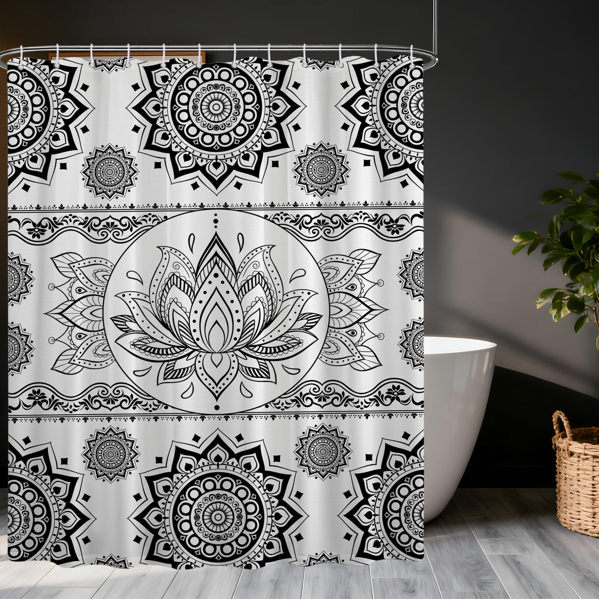 Black and White Mandala Shower Curtain Lotus Flower (Coloful / 60"W x 72"L (Pack of 1))
