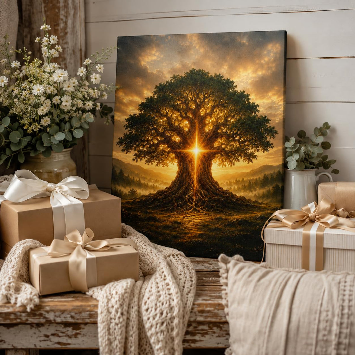 Tree of Life Canvas Wall Art Framed Golden Spiritual Landscape 12x16 Inch (Golden Tree / 16"L x 12"W)