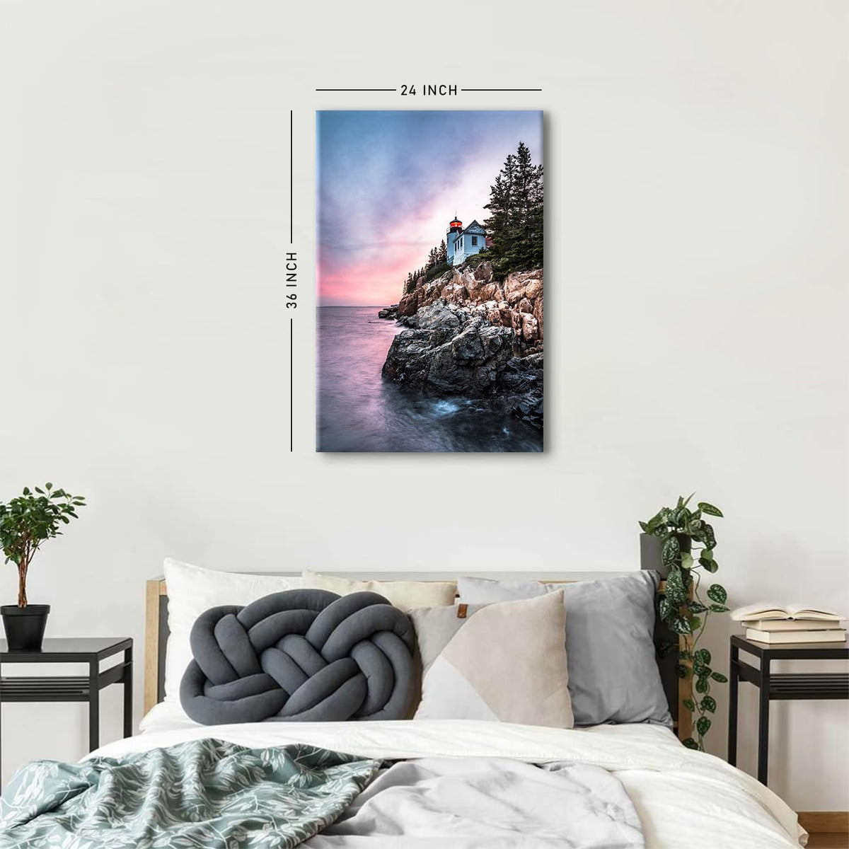 Maine Beach Wall Art Sunset Ocean Bass Harbor Lighthouse Wall Decor Nature Coastal Landscape Pictures Acadia National Park Canvas Painting Seascape Artwork for Bathroom Bedroom Home Decoration 24x36" (36"L x 24"W / Bass Harbor)