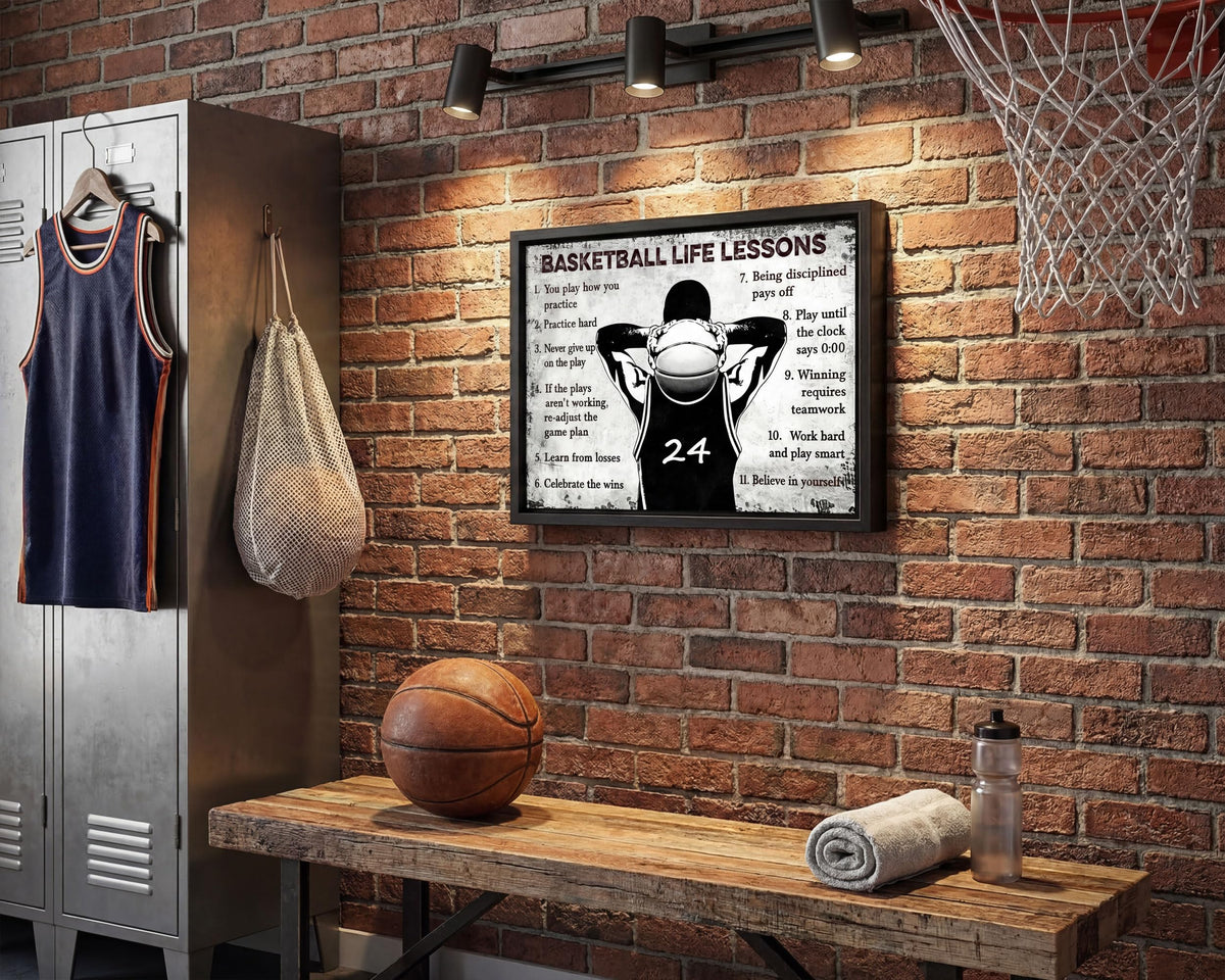 Black Framed Basketball Life Lessons Canvas Wall Art 16x24in (Basketball inspiration / 24"L x 16"W)