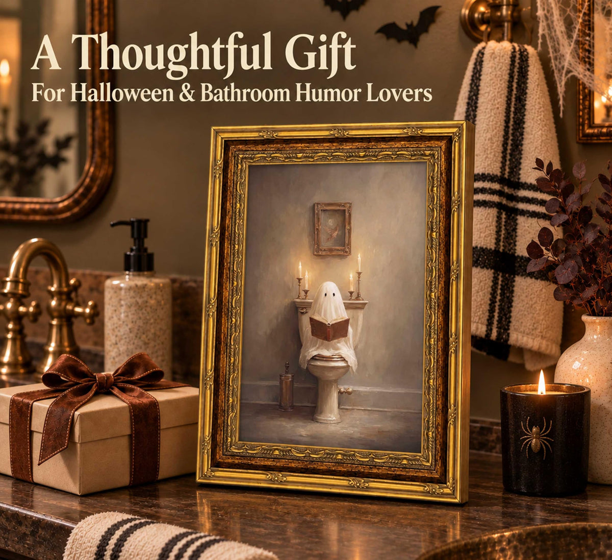 Vintage Gold Framed Halloween Bathroom Canvas Wall Art 12x16in (Ghost / 16"L x 12"W)