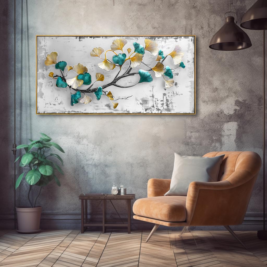 Ginkgo Leaf Wall Art Modern Botanical Canvas Painting Framed 24"x48" (48"L x 24"W / Leaf 02)