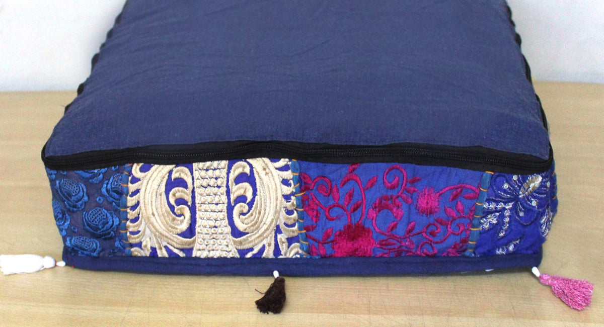 Indian Square Patchwork Traditional Pouf Cover Indian Living Room Poufs Decorative Embroidered Designer Ottoman Home Living Footstool Chair Cover Decor Pillow Cover 18x18x5 inches (18"D x 18"W x 5"H / Blue)