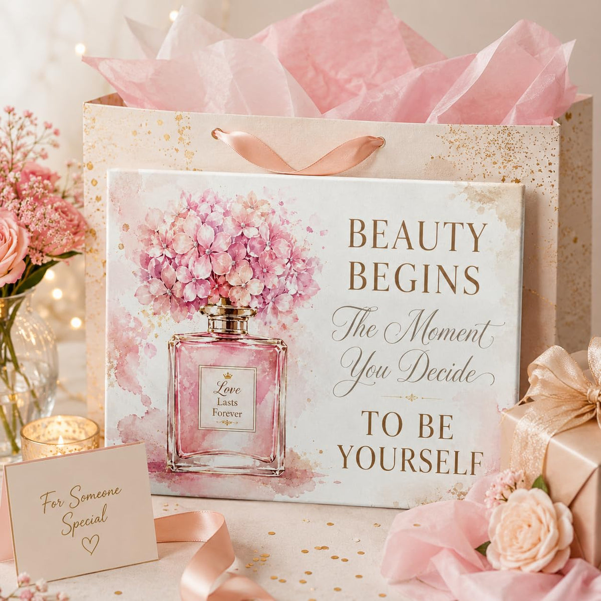 Self Love Quote Framed Wall Art Canvas Pink Floral Home Decor 16x24 Inches (Blush Perfume Bottle / 24"L x 16"W)