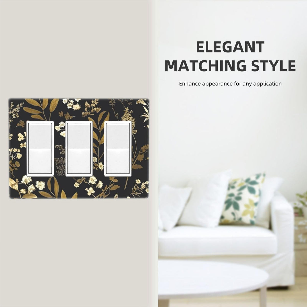 Black Gold Vintage Leaf Floral 3 Gang Triple Rocker (Black Gold Vintage Leaf Floral / 3 Gang Decorator Screwless)