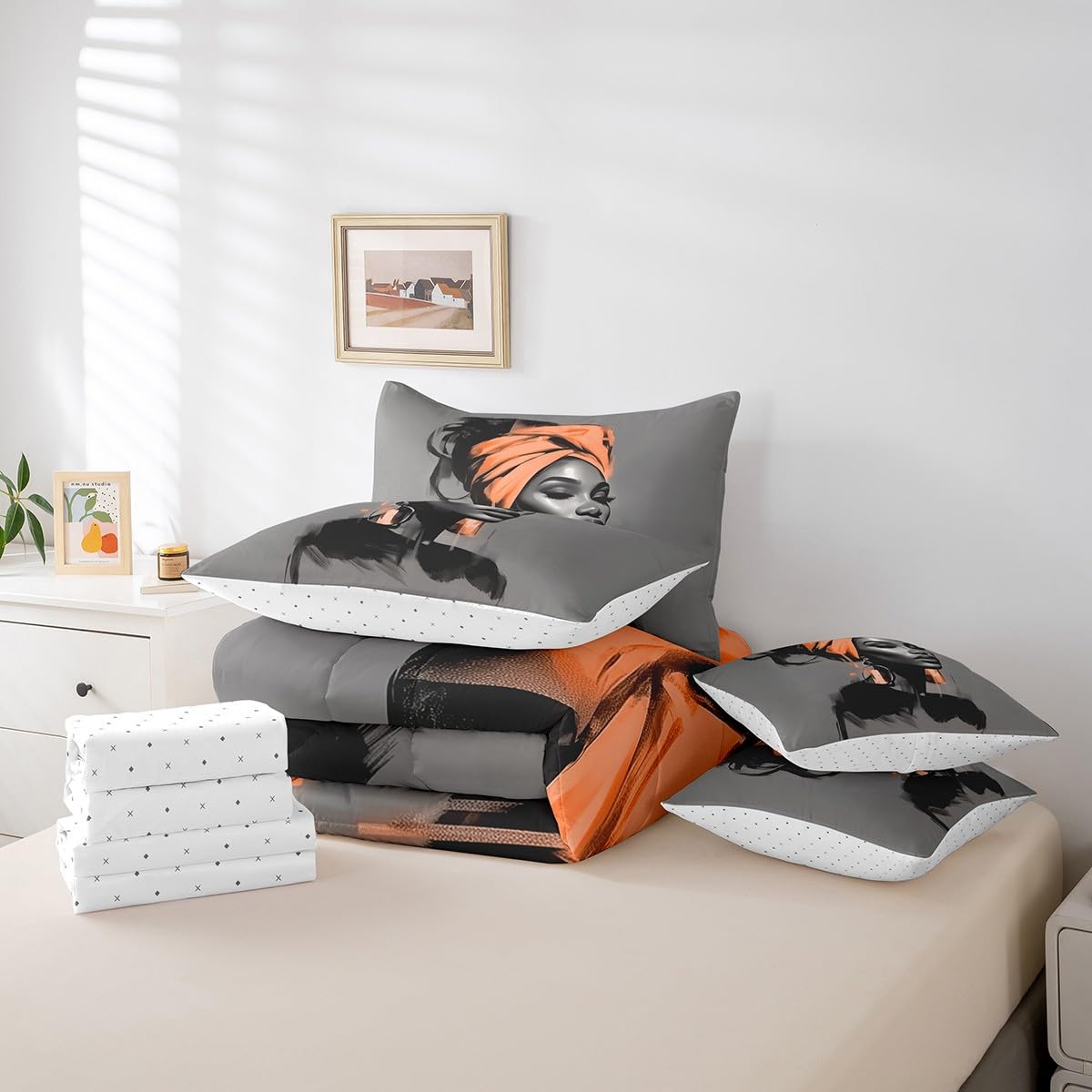 Black Women Comforter Set with Sheets King Size African American Woman 7 Piece Bedding Set All Season Teens Orange Abstract Bed in A Bag Breathable Soft Lightweight Modern Room Decor (Light Gray Orange / King)