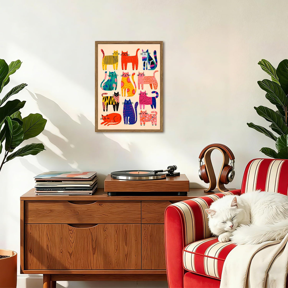 Colorful Cat Wall Art Whimsical Abstract Cat Wall Decor Picture Mid Century Animal Poster Canvas Painting Print for Living Room Bedroom 12x16 inch Wood Framed (Animal-Cats / 16"L x 12"W)