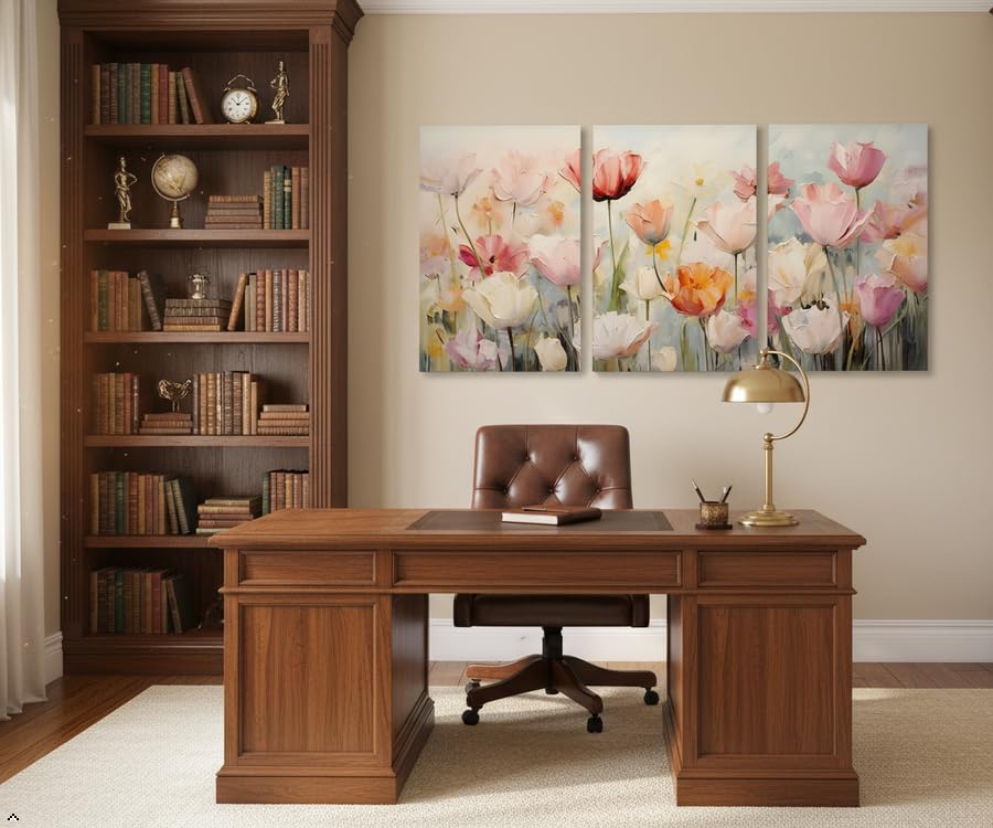 3 Piece Pink Tulip Canvas Wall Art Triptych (hua / 16"L x 12"W)
