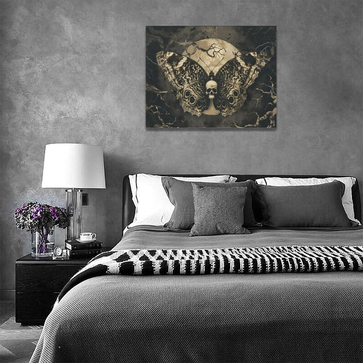 Gothic Skull Wall Art Spooky Skeleton Butterfly Pictures Decor Goth Moon Horror Canvas Painting Home Artwork Decorations for Halloween Bathroom Living Room Bedroom 16x12 inch (16"L x 12"W / Skull Butterfly)