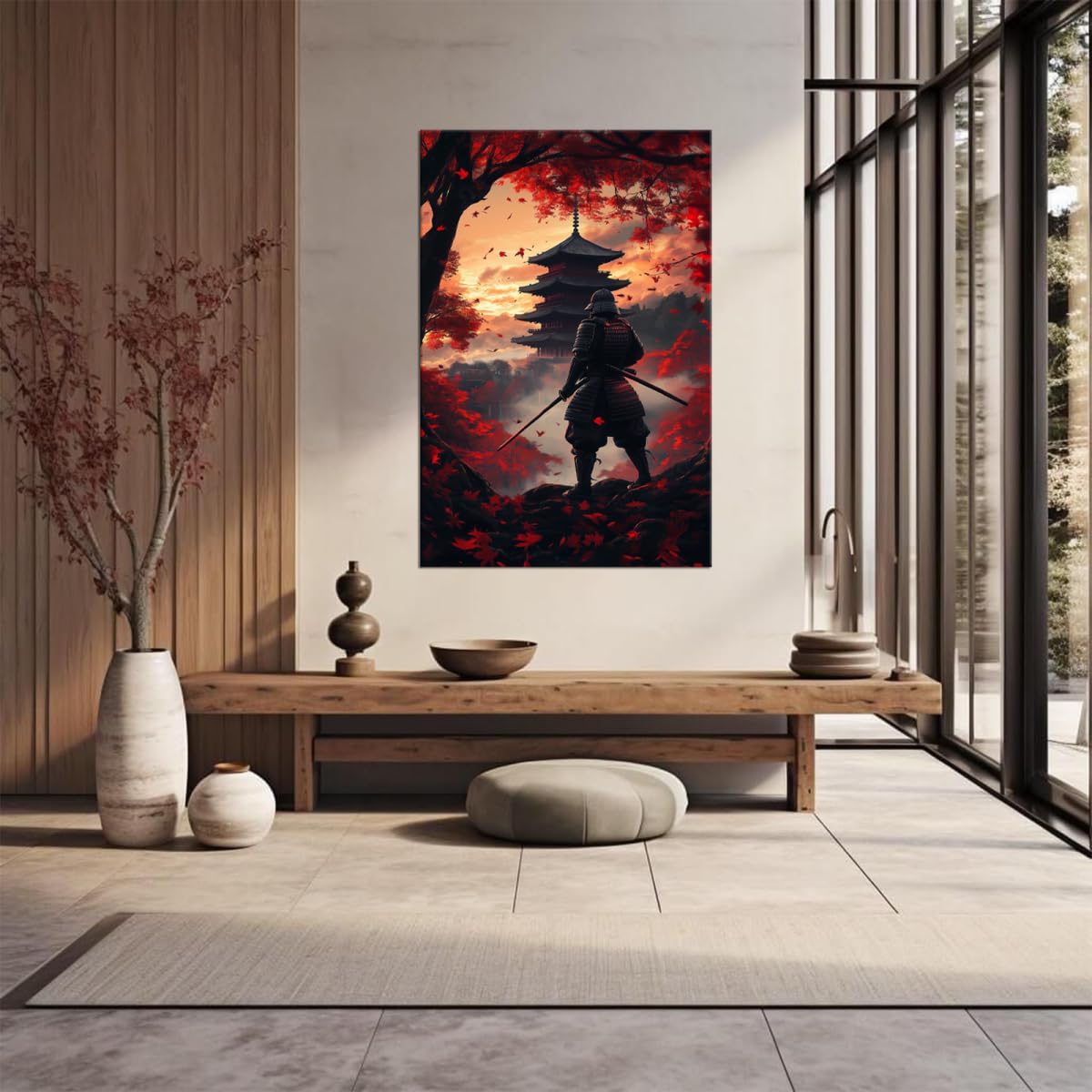 Sunset Maple Armored Samurai & Pagoda Canvas Wall Art (12"L x 16"W / Samurai12)