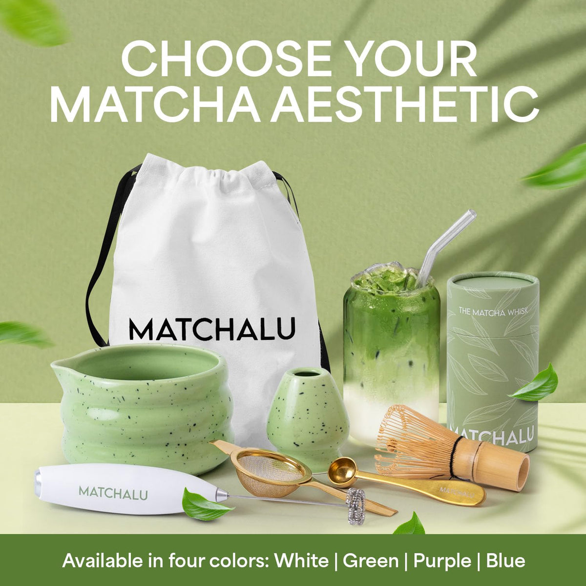 Matcha Whisk Set With Ceramic Matcha Bowl (Green)