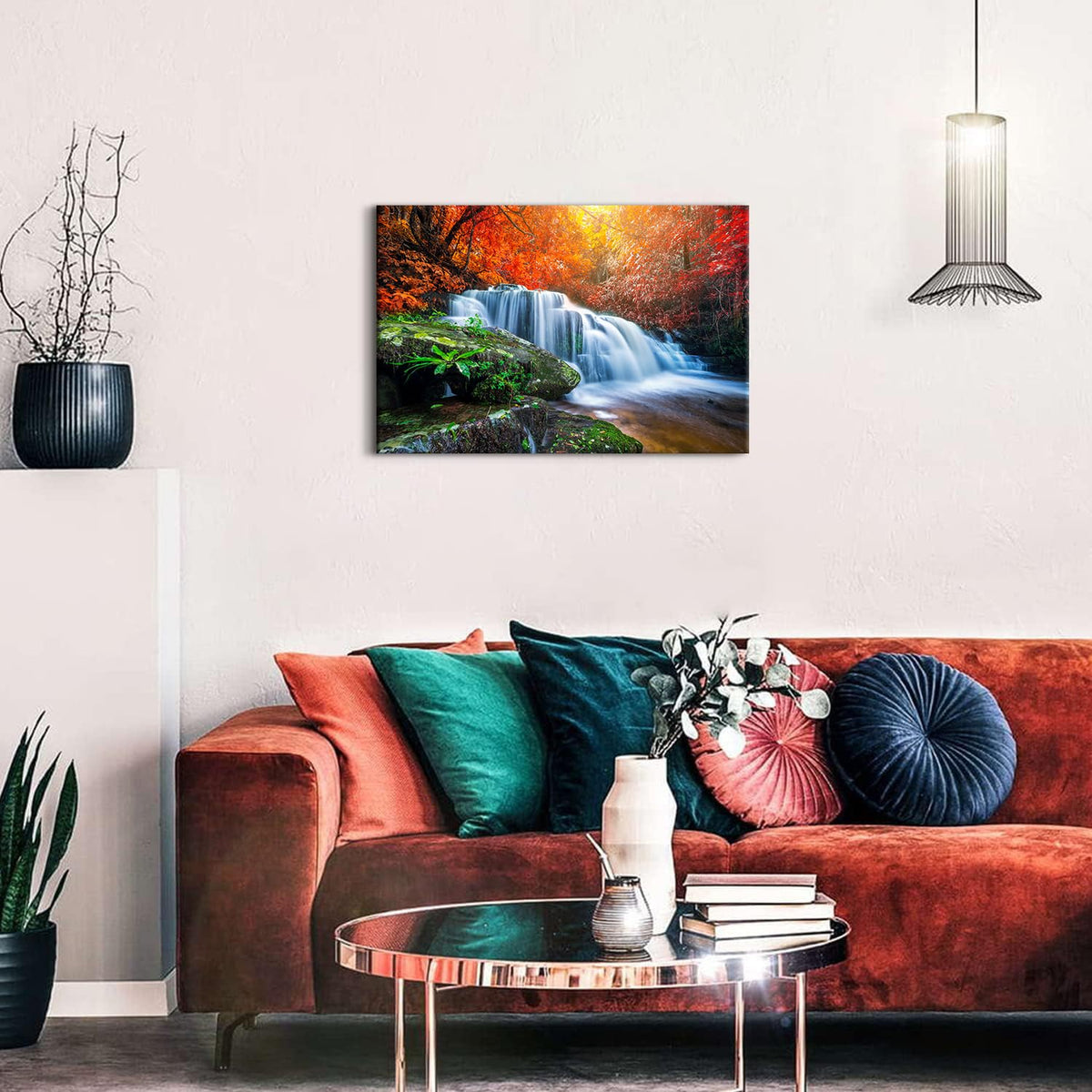 Nature Waterfall Wall Art Mountain Pictures Wall Decor Red Forest Trees Pictures Autumn Stream River Canvas Prints National Park Posters Natural Artwork for Bathroom Living Room Home Decoration 16x24" (24"L x 16"W / Autumn Waterfall)