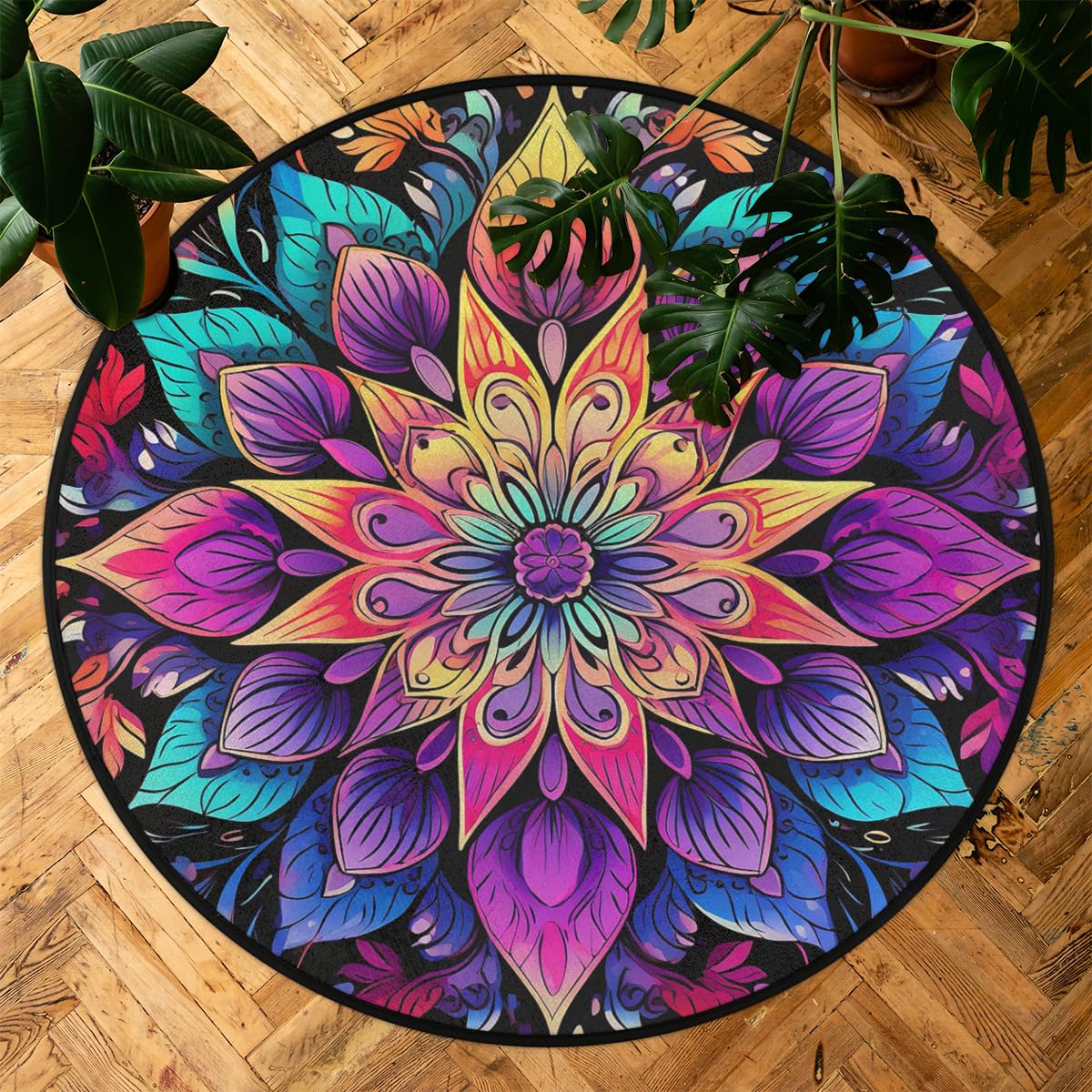 Colorful Mandala Round Area Rug 5Ft Ethnic Boho Flower Circle Floor Mat (5 ft / Mandala)